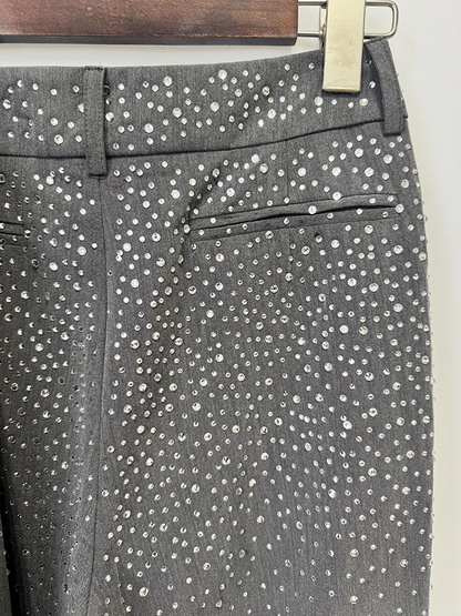 Women Grey Sequin Blazer Set | Sparkly Rhinestone Evening Suit with Wide Leg Pants for Party & Wedding Guest