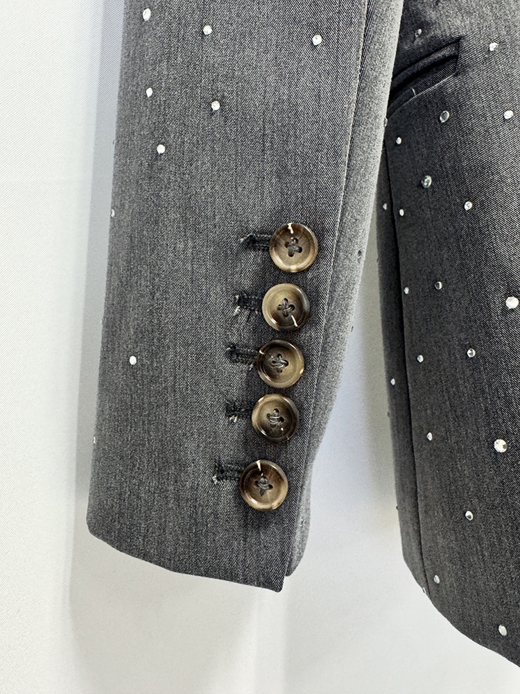 Women Grey Sequin Blazer Set | Sparkly Rhinestone Evening Suit with Wide Leg Pants for Party & Wedding Guest