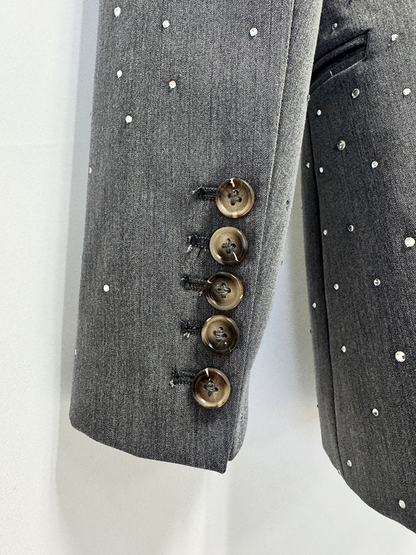 Women Grey Sequin Blazer Set | Sparkly Rhinestone Evening Suit with Wide Leg Pants for Party & Wedding Guest