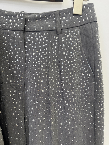 Women Grey Sequin Blazer Set | Sparkly Rhinestone Evening Suit with Wide Leg Pants for Party & Wedding Guest