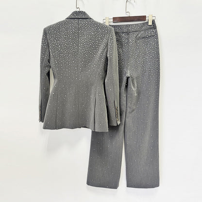 Women Grey Sequin Blazer Set | Sparkly Rhinestone Evening Suit with Wide Leg Pants for Party & Wedding Guest