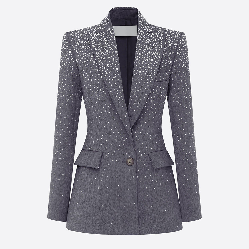 Women Grey Sequin Blazer Set | Sparkly Rhinestone Evening Suit with Wide Leg Pants for Party & Wedding Guest