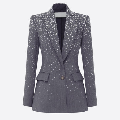 Women Grey Sequin Blazer Set | Sparkly Rhinestone Evening Suit with Wide Leg Pants for Party & Wedding Guest