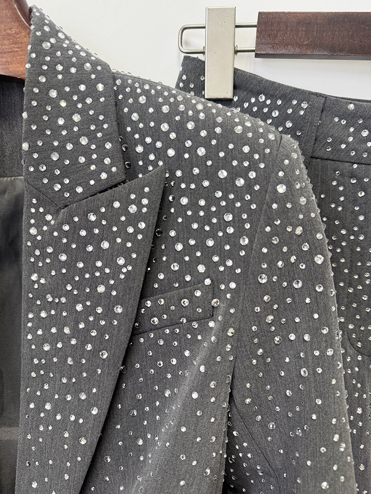 Women Grey Sequin Blazer Set | Sparkly Rhinestone Evening Suit with Wide Leg Pants for Party & Wedding Guest
