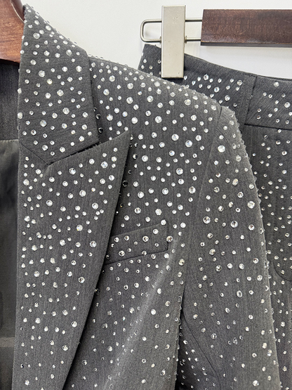 Women Grey Sequin Blazer Set | Sparkly Rhinestone Evening Suit with Wide Leg Pants for Party & Wedding Guest