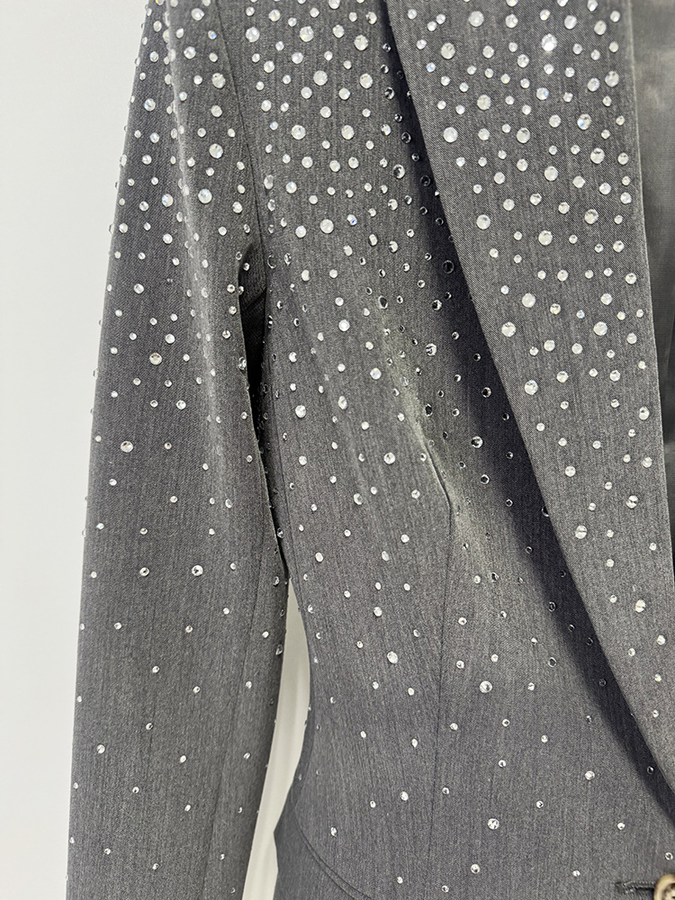 Women Grey Sequin Blazer Set | Sparkly Rhinestone Evening Suit with Wide Leg Pants for Party & Wedding Guest