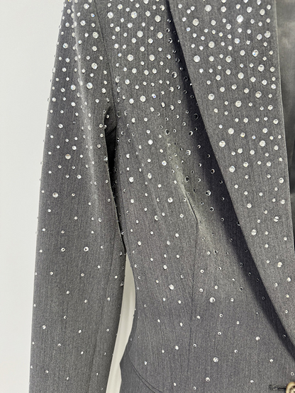 Women Grey Sequin Blazer Set | Sparkly Rhinestone Evening Suit with Wide Leg Pants for Party & Wedding Guest