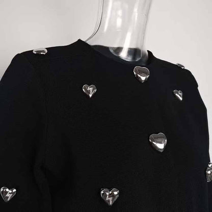 Women Heart Stud Embellished Jacket Round Neck Cardigan Coat