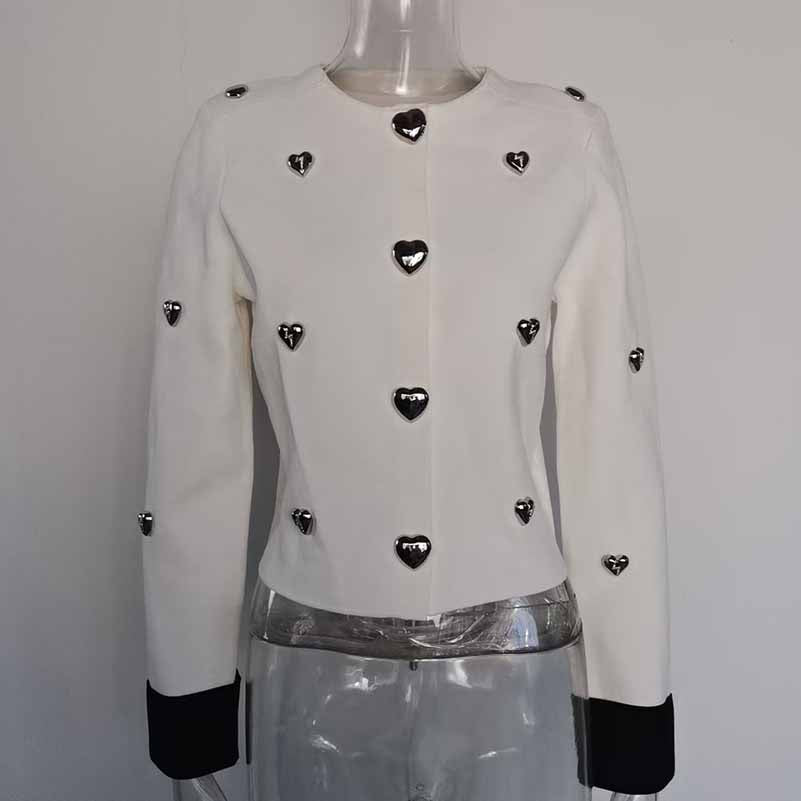 Women Heart Stud Embellished Jacket Round Neck Cardigan Coat