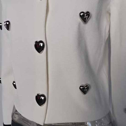 Women Heart Stud Embellished Jacket Round Neck Cardigan Coat