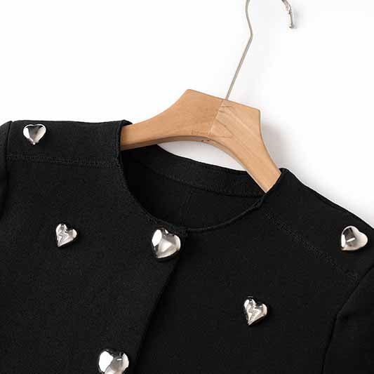 Women Heart Stud Embellished Jacket Round Neck Cardigan Coat