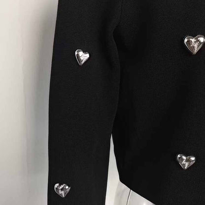 Women Heart Stud Embellished Jacket Round Neck Cardigan Coat