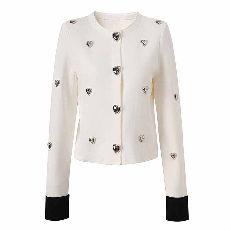 Women Heart Stud Embellished Jacket Round Neck Cardigan Coat