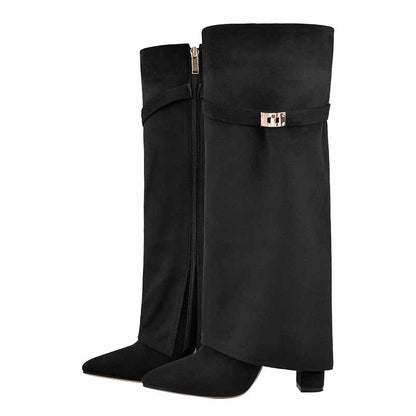 Women Knee High Boots Fold Over Chunky Heel Boots