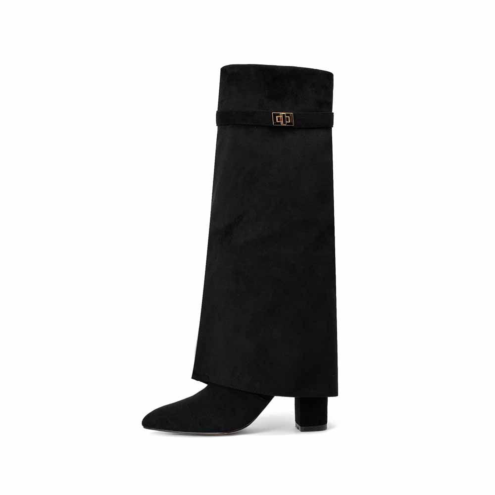 Women Knee High Boots Fold Over Chunky Heel Boots