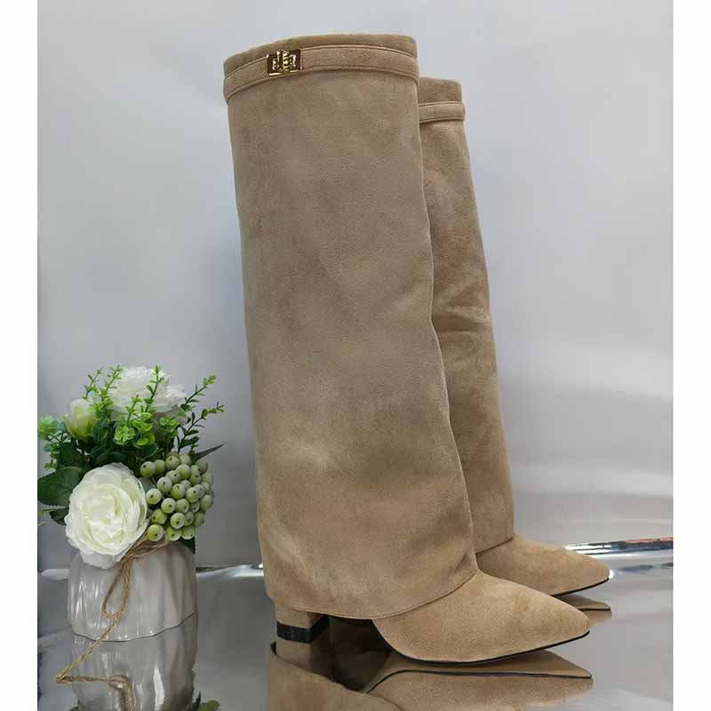 Women Knee High Boots Fold Over Chunky Heel Boots