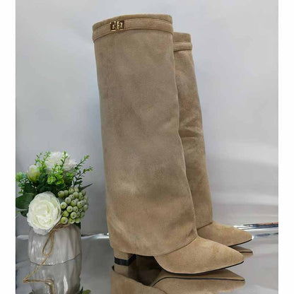 Women Knee High Boots Fold Over Chunky Heel Boots