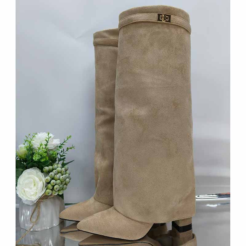 Women Knee High Boots Fold Over Chunky Heel Boots