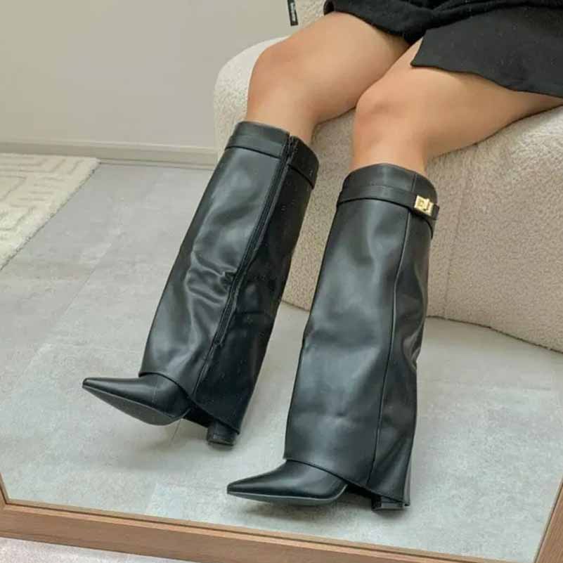 Women Knee High Boots Fold Over Chunky Heel Boots