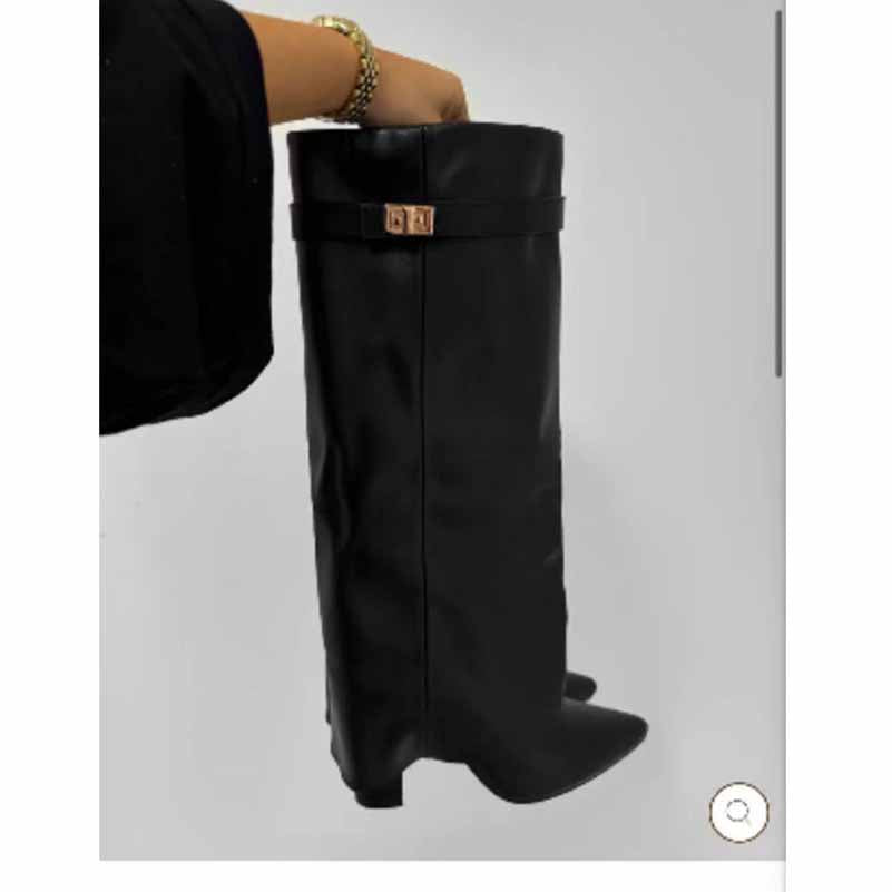 Women Knee High Boots Fold Over Chunky Heel Boots