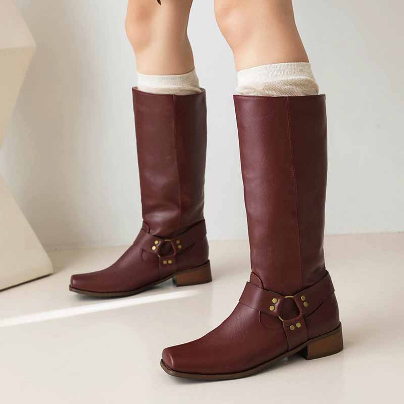 Women Knee High Comfortable Pull On Side Zipper Buckle Riding Boots