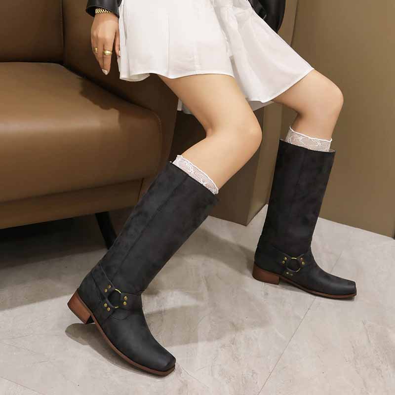 Women Knee High Comfortable Pull On Side Zipper Buckle Riding Boots