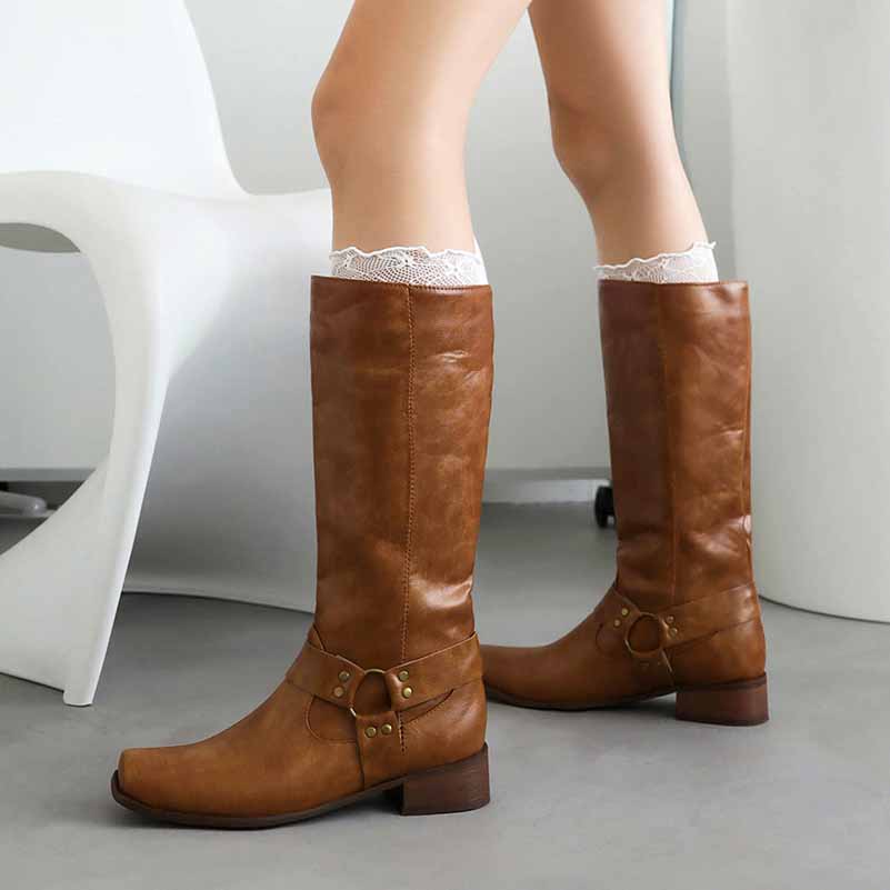 Women Knee High Comfortable Pull On Side Zipper Buckle Riding Boots