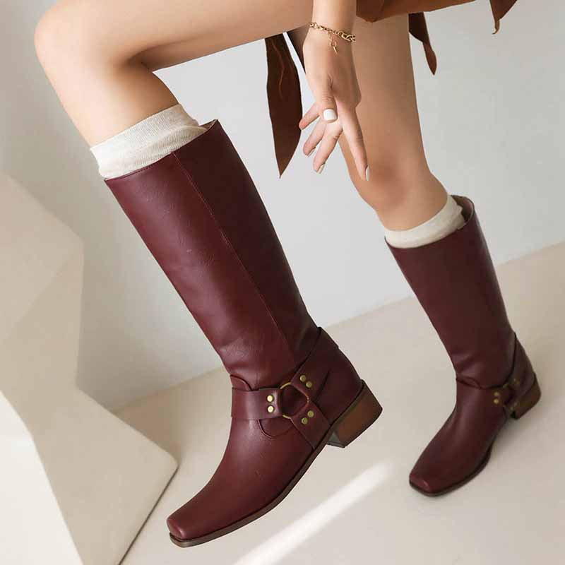 Women Knee High Comfortable Pull On Side Zipper Buckle Riding Boots