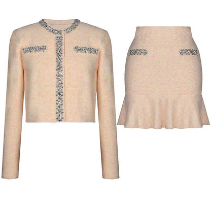 Women Knit Cardigan Jacket + Short Skirt Two Pieces Skirt Suit