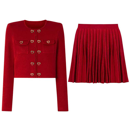 Women Knitted Cardigan Jacket + Pleated Short Skirt Two Pieces Skirt Suit