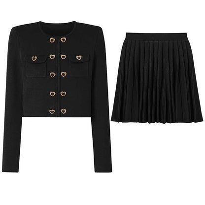 Women Knitted Cardigan Jacket + Pleated Short Skirt Two Pieces Skirt Suit