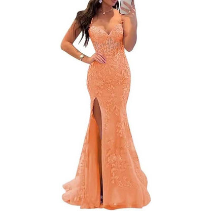 Women Lace Applique Mermaid Prom Dresses Spaghetti Straps Long Wedding Ball Gowns