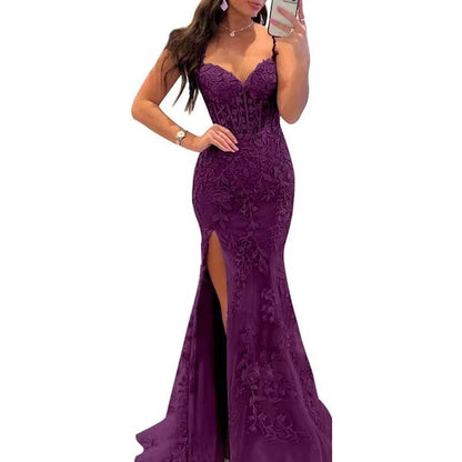 Women Lace Applique Mermaid Prom Dresses Spaghetti Straps Long Wedding Ball Gowns