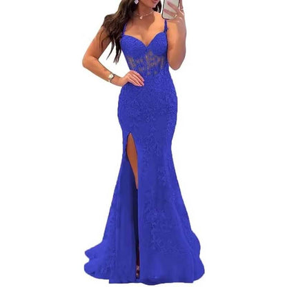 Women Lace Applique Mermaid Prom Dresses Spaghetti Straps Long Wedding Ball Gowns