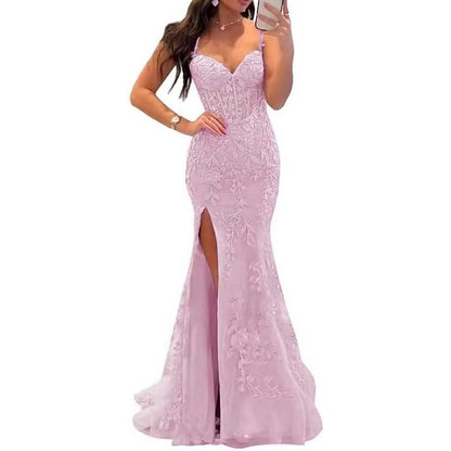 Women Lace Applique Mermaid Prom Dresses Spaghetti Straps Long Wedding Ball Gowns