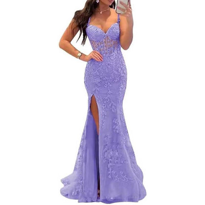 Women Lace Applique Mermaid Prom Dresses Spaghetti Straps Long Wedding Ball Gowns