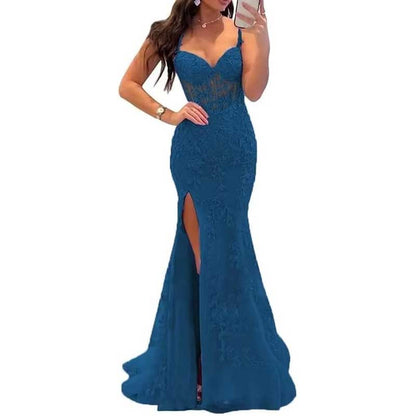 Women Lace Applique Mermaid Prom Dresses Spaghetti Straps Long Wedding Ball Gowns