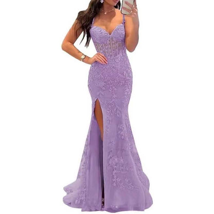 Women Lace Applique Mermaid Prom Dresses Spaghetti Straps Long Wedding Ball Gowns