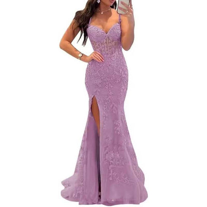 Women Lace Applique Mermaid Prom Dresses Spaghetti Straps Long Wedding Ball Gowns