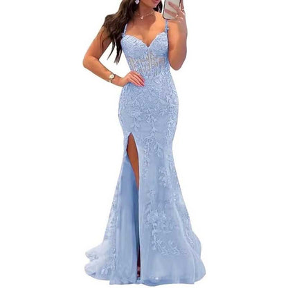 Women Lace Applique Mermaid Prom Dresses Spaghetti Straps Long Wedding Ball Gowns