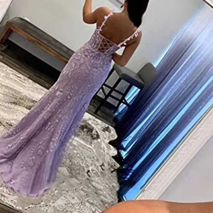 Women Lace Applique Mermaid Prom Dresses Spaghetti Straps Long Wedding Ball Gowns