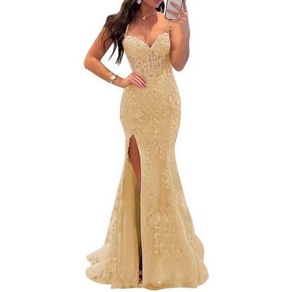 Women Lace Applique Mermaid Prom Dresses Spaghetti Straps Long Wedding Ball Gowns