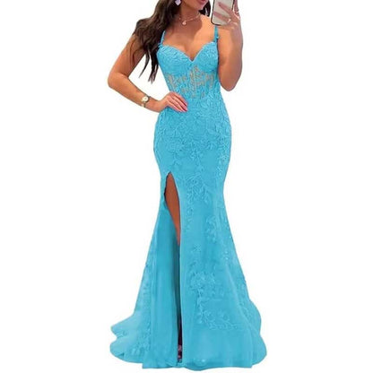 Women Lace Applique Mermaid Prom Dresses Spaghetti Straps Long Wedding Ball Gowns