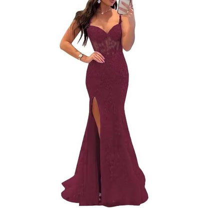 Women Lace Applique Mermaid Prom Dresses Spaghetti Straps Long Wedding Ball Gowns