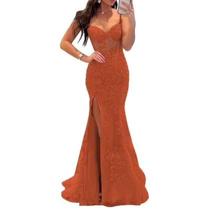 Women Lace Applique Mermaid Prom Dresses Spaghetti Straps Long Wedding Ball Gowns