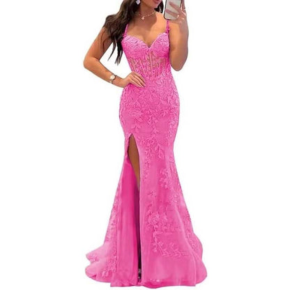 Women Lace Applique Mermaid Prom Dresses Spaghetti Straps Long Wedding Ball Gowns