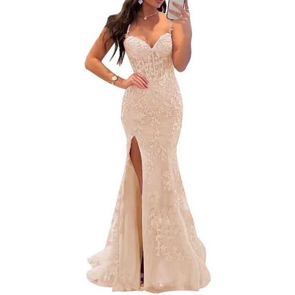 Women Lace Applique Mermaid Prom Dresses Spaghetti Straps Long Wedding Ball Gowns