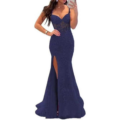 Women Lace Applique Mermaid Prom Dresses Spaghetti Straps Long Wedding Ball Gowns