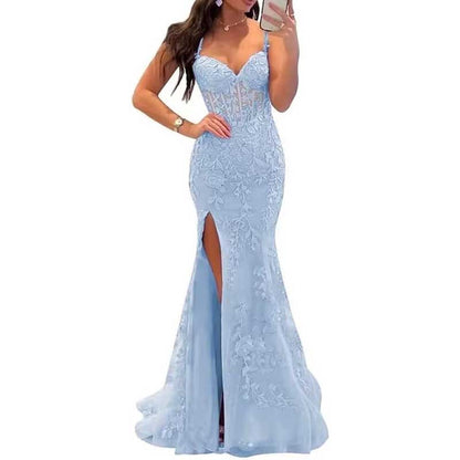 Women Lace Applique Mermaid Prom Dresses Spaghetti Straps Long Wedding Ball Gowns