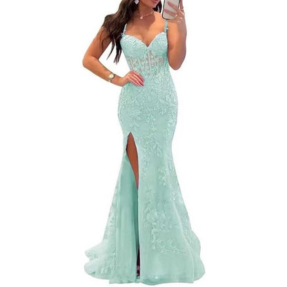 Women Lace Applique Mermaid Prom Dresses Spaghetti Straps Long Wedding Ball Gowns